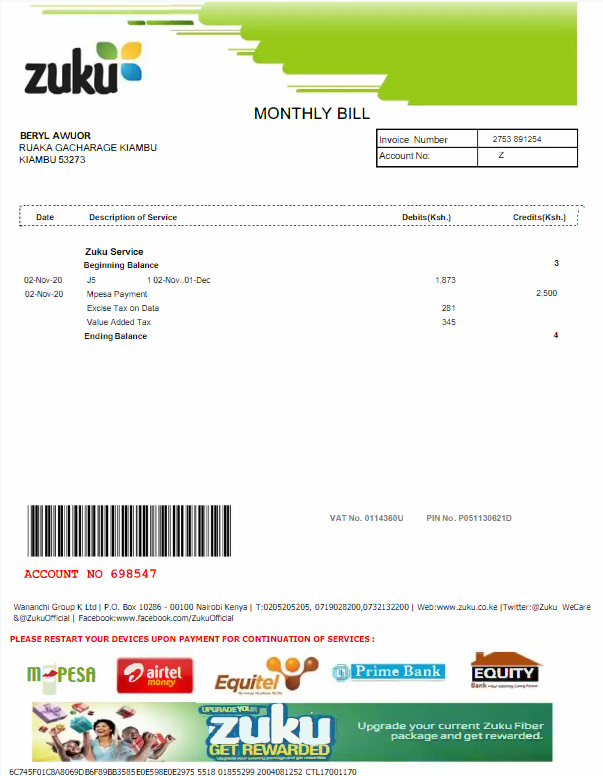 KENYA ZUKU utility bill Word and PDF template